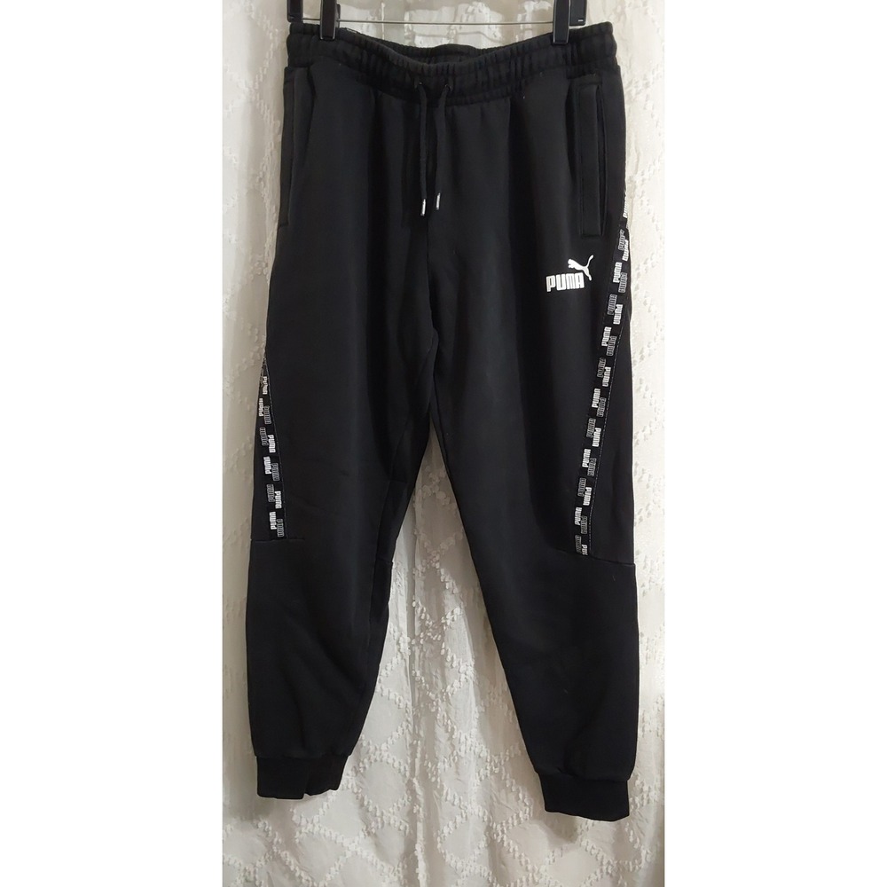 Puma Mens Large Black Logo Tape Fleece Joggers Sweatpants Tapered Active Pants